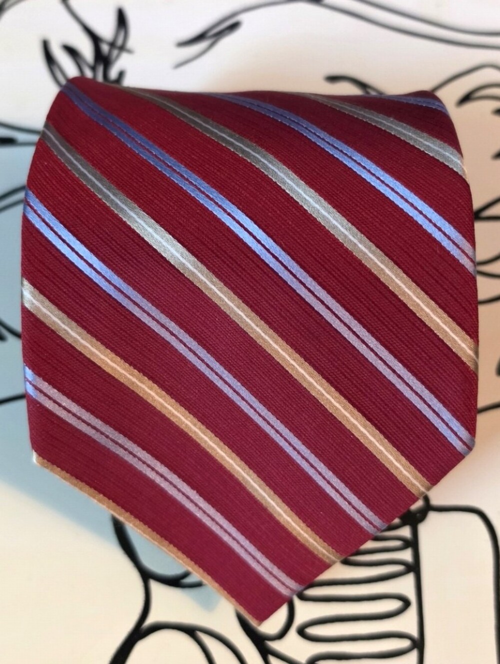 Claiborne Mens Silk Tie Red Blue Gold Stripe Classic Business Necktie 60"